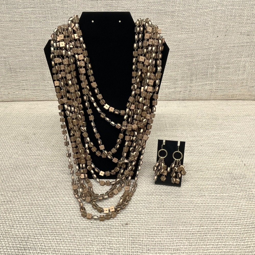 Chicos Layered Wood Bead Necklace Set, Dangle Earrings Gold Tone,